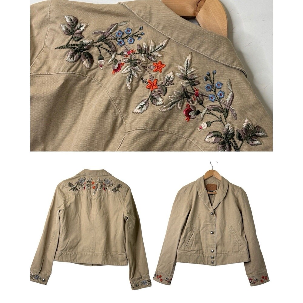 VTG 90s Rare Ralph Lauren Floral Embroidered Canvas Jacket Women P/M Tan Western